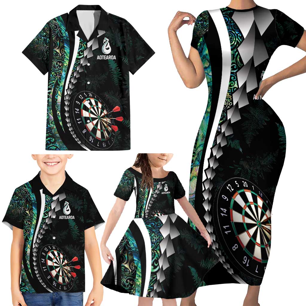 Personalized New Zealand Darts Family Matching Short Sleeve Bodycon Dress and Hawaiian Shirt Paua Shell Koiri - Manaia LT7 - Polynesian Pride