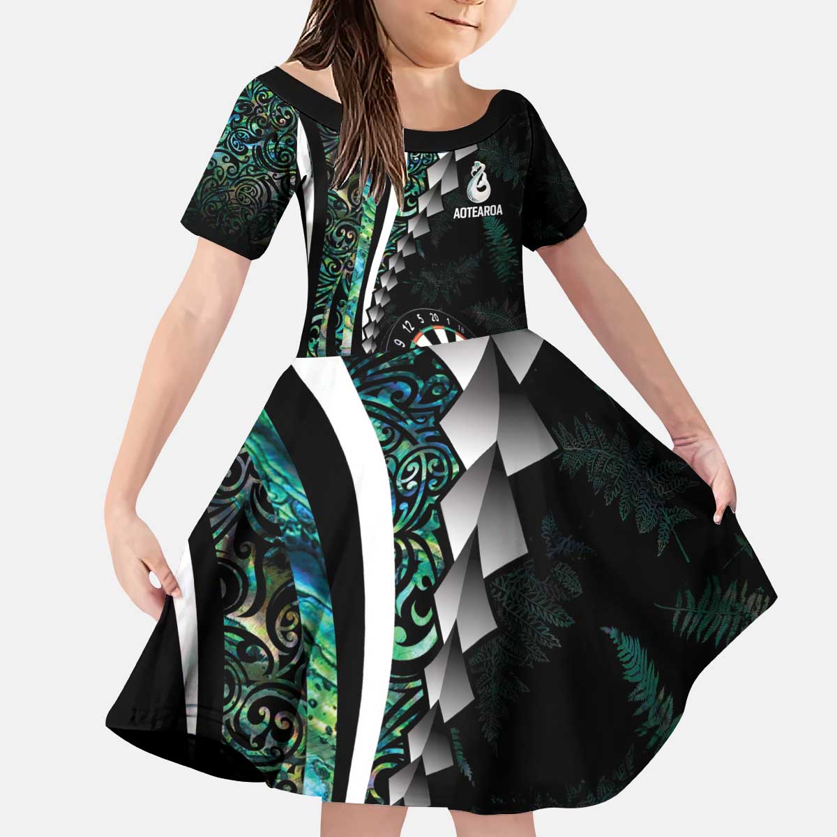 Personalized New Zealand Darts Kid Short Sleeve Dress Paua Shell Koiri - Manaia