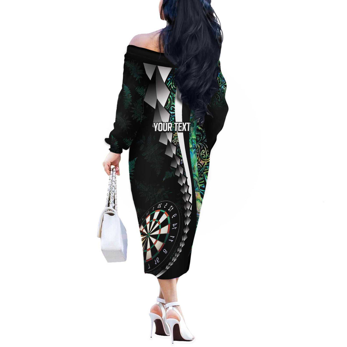 Personalized New Zealand Darts Off The Shoulder Long Sleeve Dress Paua Shell Koiri - Manaia