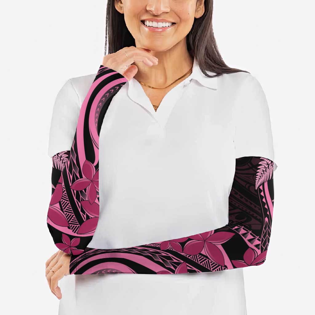 Aotearoa Maori Arm Sleeves Pink Fern Ribbons on Black - Polynesian Pride
