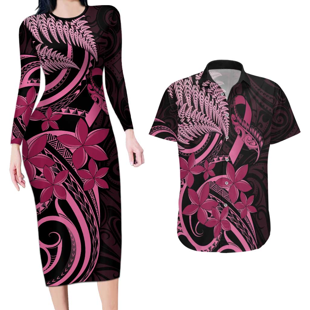 Aotearoa Maori Couples Matching Long Sleeve Bodycon Dress and Hawaiian Shirt Pink Fern Ribbons on Black LT7 Black - Polynesian Pride