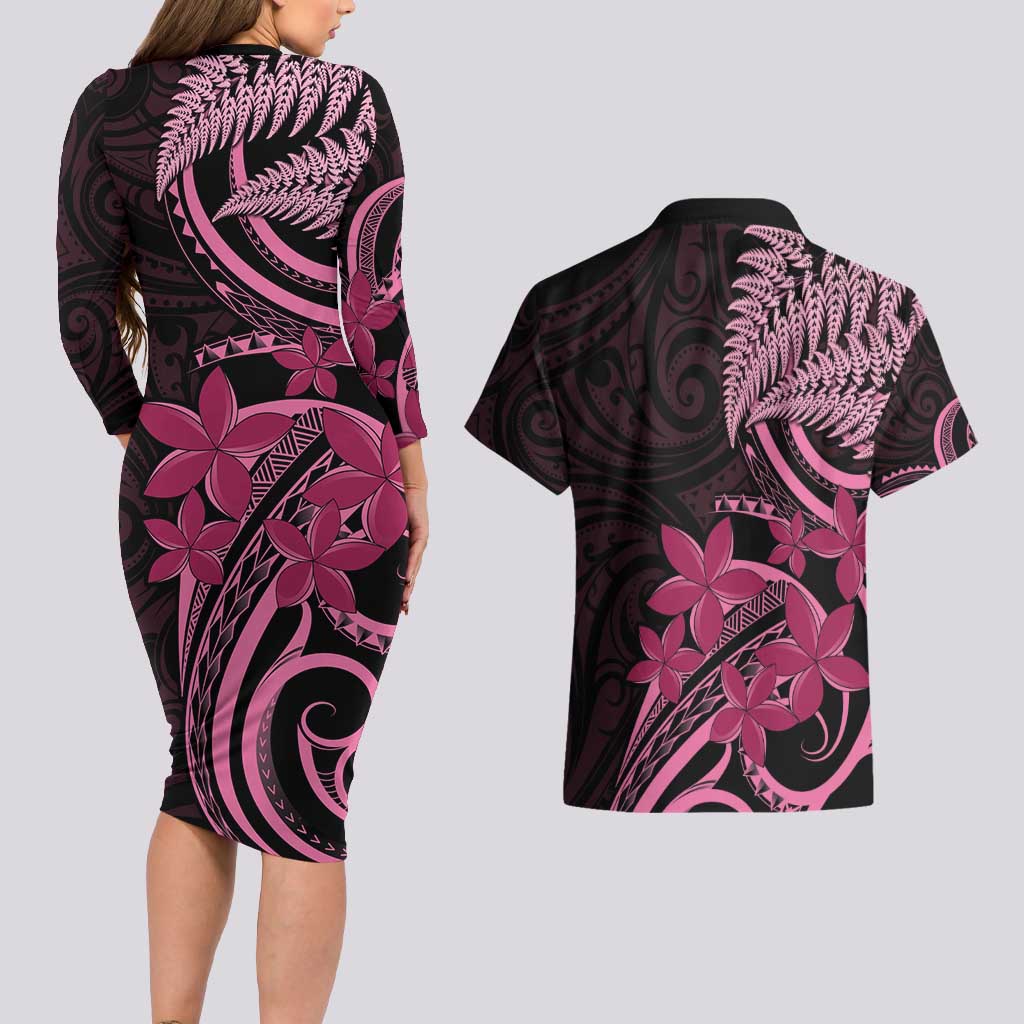 Aotearoa Maori Couples Matching Long Sleeve Bodycon Dress and Hawaiian Shirt Pink Fern Ribbons on Black LT7 - Polynesian Pride
