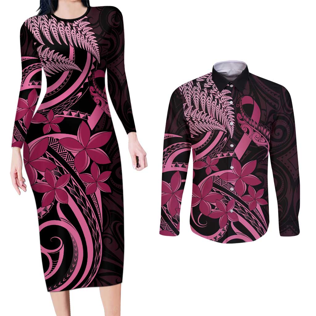 Aotearoa Maori Couples Matching Long Sleeve Bodycon Dress and Long Sleeve Button Shirt Pink Fern Ribbons on Black LT7 Black - Polynesian Pride