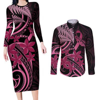 Aotearoa Maori Couples Matching Long Sleeve Bodycon Dress and Long Sleeve Button Shirt Pink Fern Ribbons on Black LT7 Black - Polynesian Pride