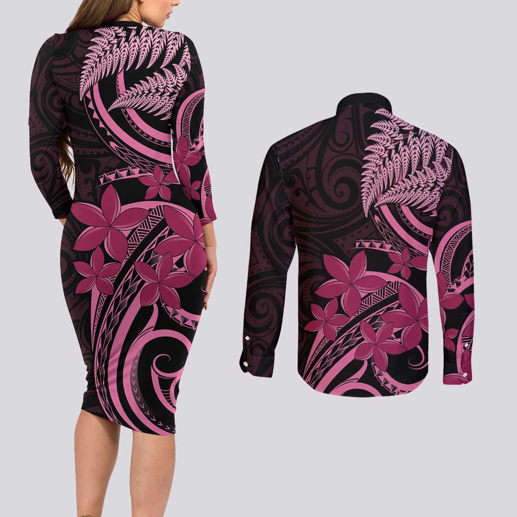 Aotearoa Maori Couples Matching Long Sleeve Bodycon Dress and Long Sleeve Button Shirt Pink Fern Ribbons on Black LT7 - Polynesian Pride