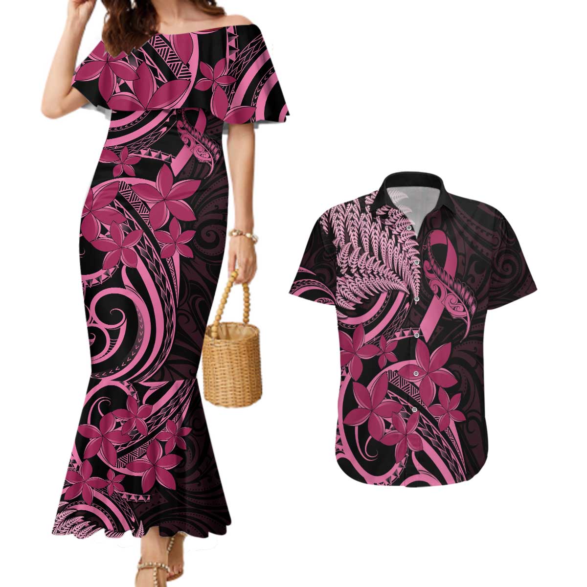 Aotearoa Maori Couples Matching Mermaid Dress and Hawaiian Shirt Pink Fern Ribbons on Black LT7 Black - Polynesian Pride