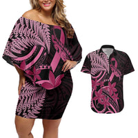 Aotearoa Maori Couples Matching Off Shoulder Short Dress and Hawaiian Shirt Pink Fern Ribbons on Black LT7 Black - Polynesian Pride