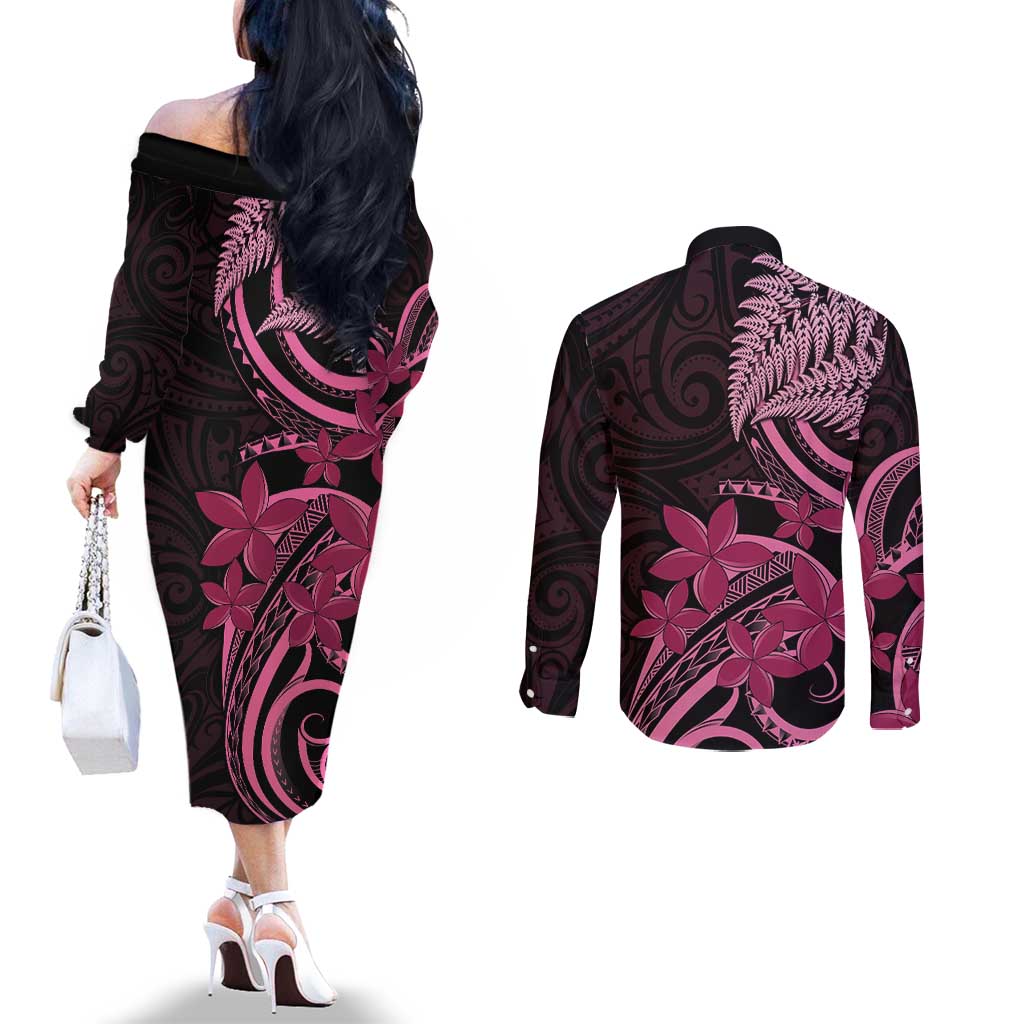 Aotearoa Maori Couples Matching Off The Shoulder Long Sleeve Dress and Long Sleeve Button Shirt Pink Fern Ribbons on Black LT7 - Polynesian Pride