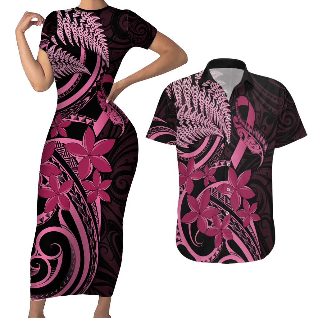Aotearoa Maori Couples Matching Short Sleeve Bodycon Dress and Hawaiian Shirt Pink Fern Ribbons on Black LT7 Black - Polynesian Pride