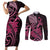 Aotearoa Maori Couples Matching Short Sleeve Bodycon Dress and Long Sleeve Button Shirt Pink Fern Ribbons on Black - Polynesian Pride