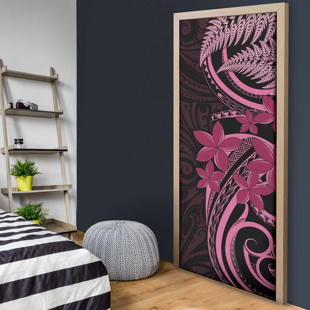 Aotearoa Maori Door Cover Pink Fern Ribbons on Black - Polynesian Pride