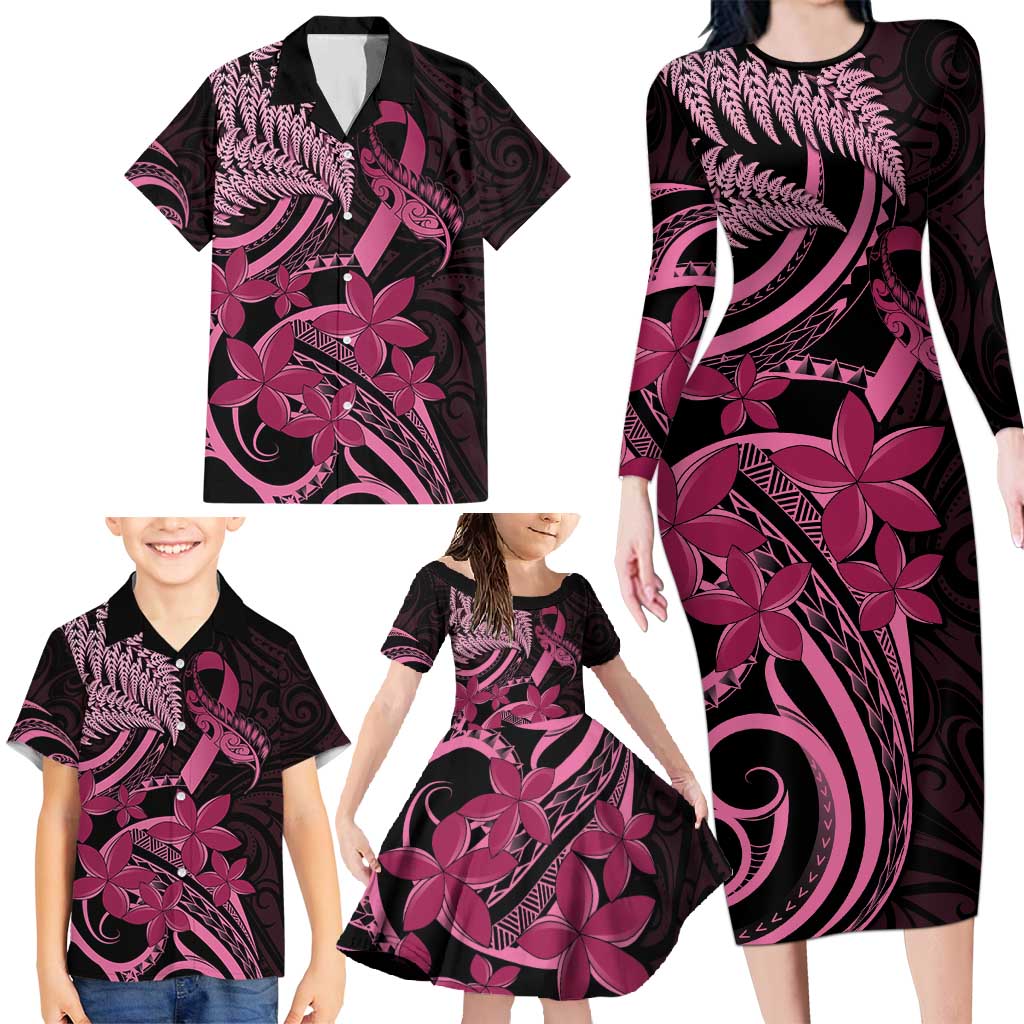 Aotearoa Maori Family Matching Long Sleeve Bodycon Dress and Hawaiian Shirt Pink Fern Ribbons on Black LT7 - Polynesian Pride