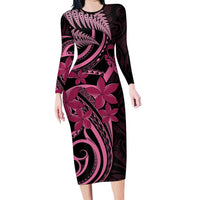 Aotearoa Maori Family Matching Long Sleeve Bodycon Dress and Hawaiian Shirt Pink Fern Ribbons on Black LT7 Mom's Dress Black - Polynesian Pride