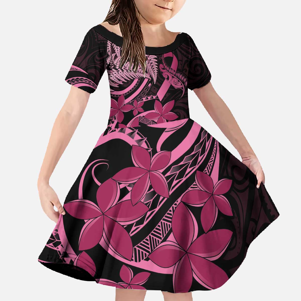 Aotearoa Maori Family Matching Off The Shoulder Long Sleeve Dress and Hawaiian Shirt Pink Fern Ribbons on Black LT7 Daughter's Dress Black - Polynesian Pride