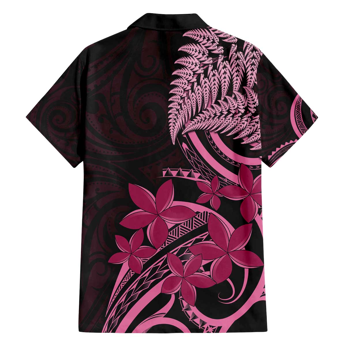 Aotearoa Maori Family Matching Off The Shoulder Long Sleeve Dress and Hawaiian Shirt Pink Fern Ribbons on Black LT7 - Polynesian Pride