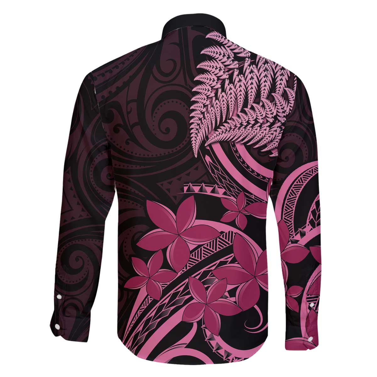 Aotearoa Maori Family Matching Off The Shoulder Long Sleeve Dress and Hawaiian Shirt Pink Fern Ribbons on Black LT7 - Polynesian Pride
