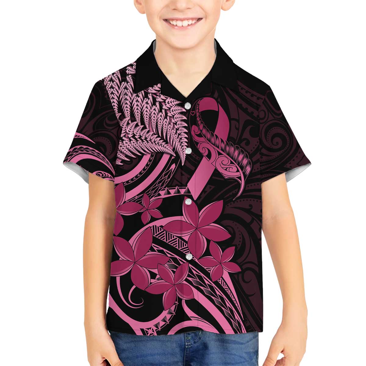 Aotearoa Maori Family Matching Off The Shoulder Long Sleeve Dress and Hawaiian Shirt Pink Fern Ribbons on Black LT7 Son's Shirt Black - Polynesian Pride