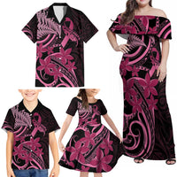 Aotearoa Maori Family Matching Off Shoulder Maxi Dress and Hawaiian Shirt Pink Fern Ribbons on Black LT7 - Polynesian Pride