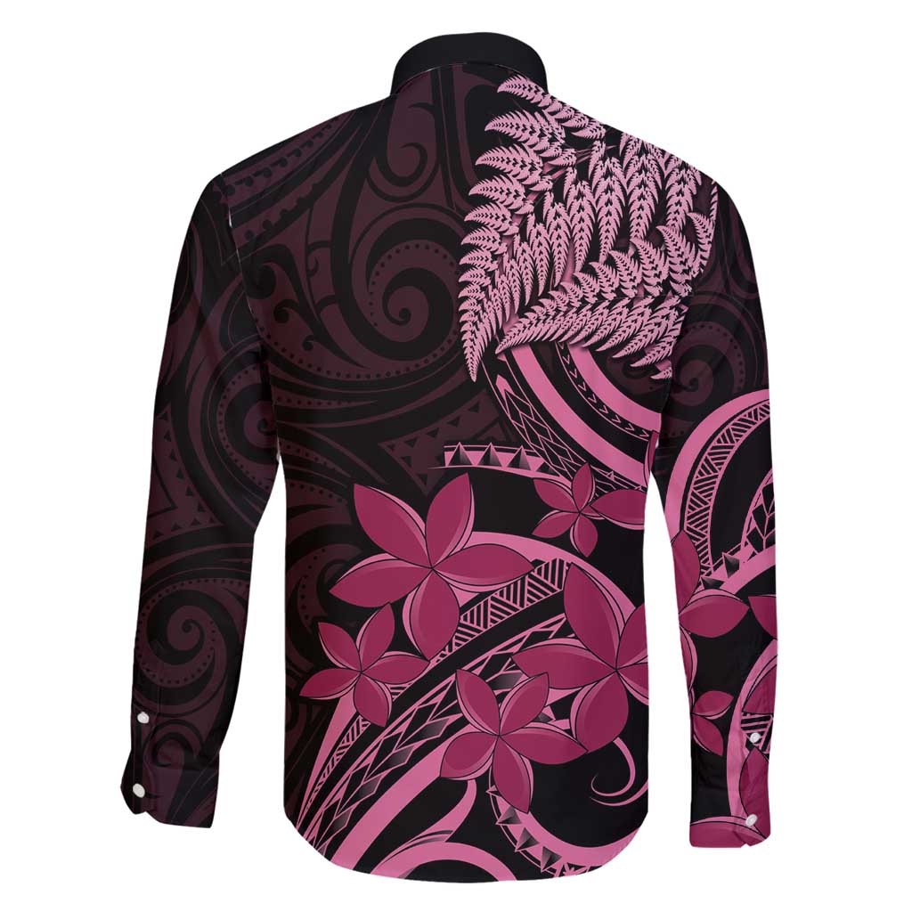 Aotearoa Maori Family Matching Off Shoulder Maxi Dress and Hawaiian Shirt Pink Fern Ribbons on Black LT7 - Polynesian Pride