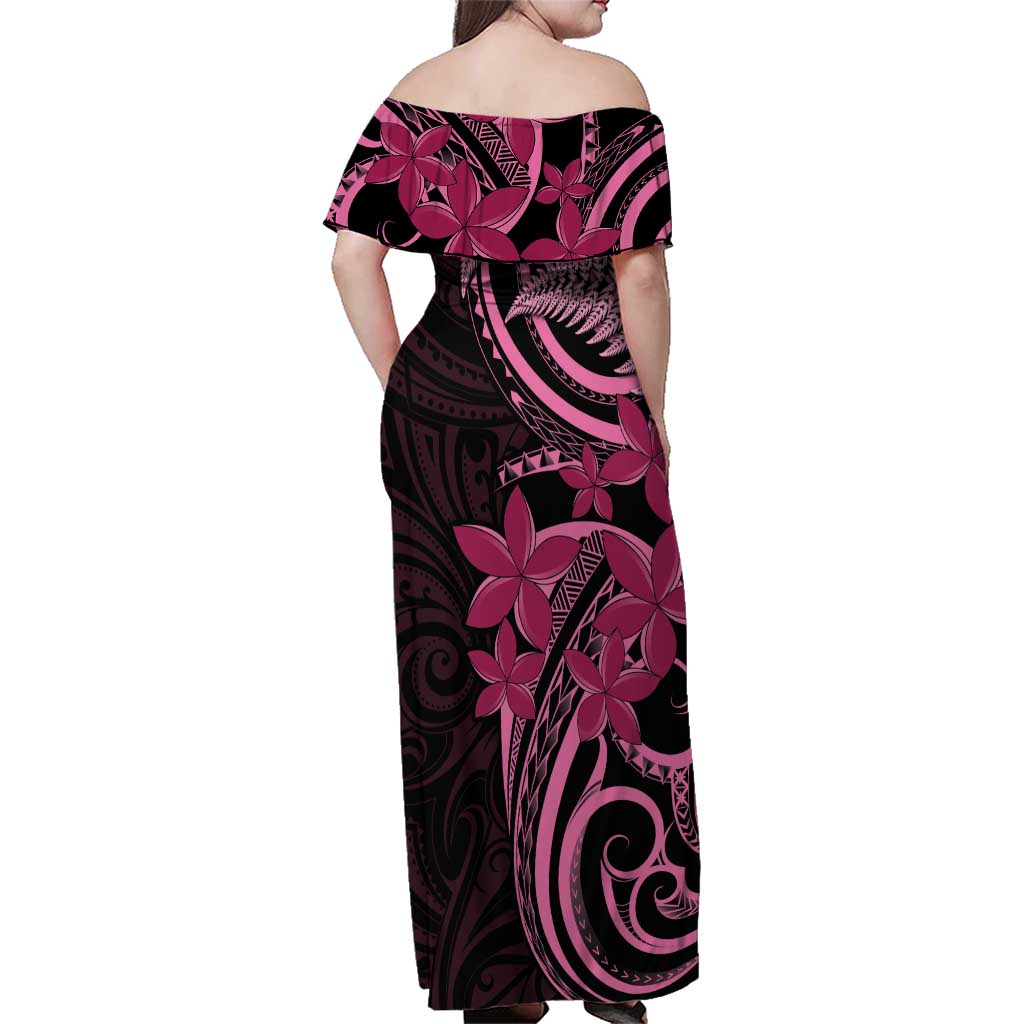 Aotearoa Maori Family Matching Off Shoulder Maxi Dress and Hawaiian Shirt Pink Fern Ribbons on Black LT7 - Polynesian Pride
