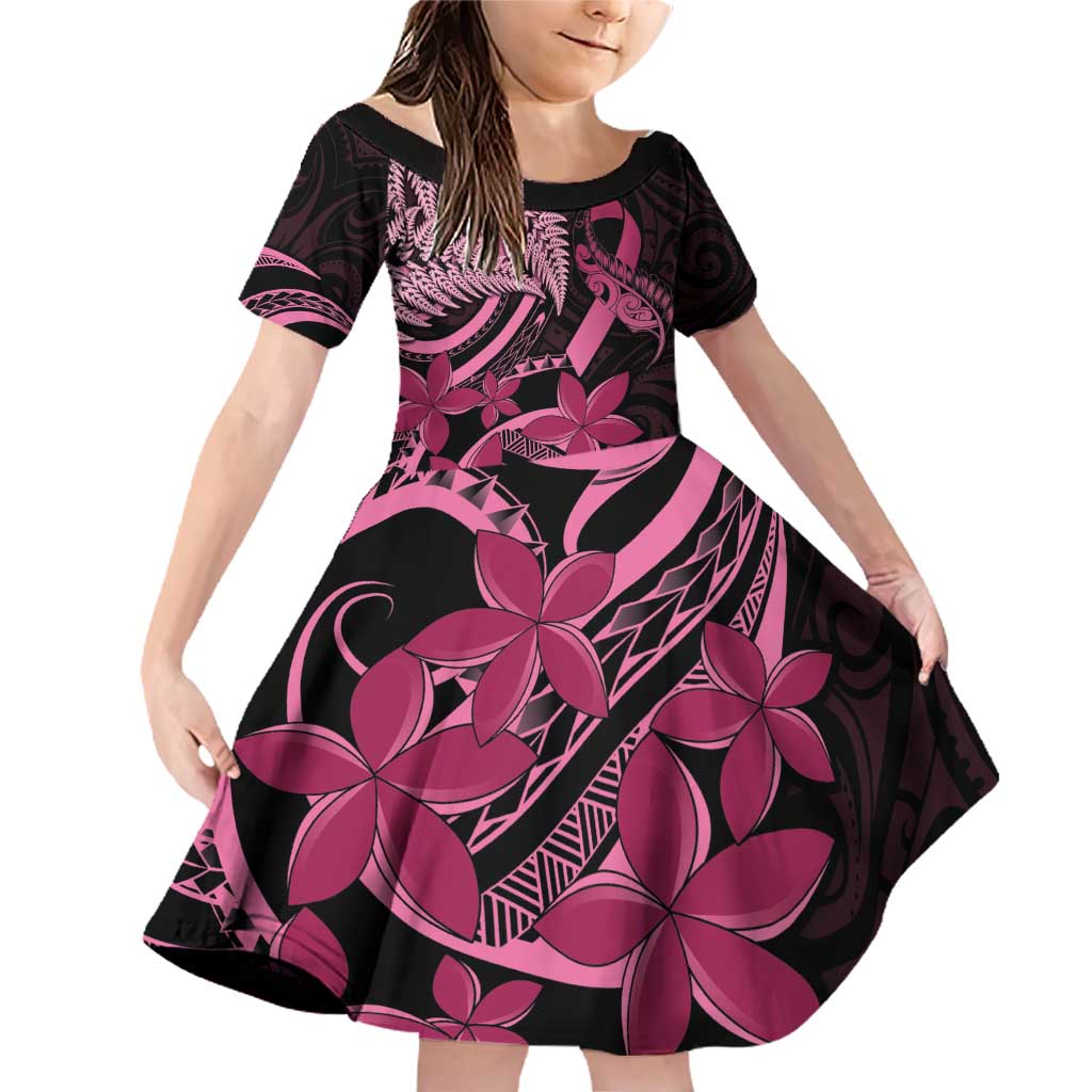 Aotearoa Maori Family Matching Off Shoulder Short Dress and Hawaiian Shirt Pink Fern Ribbons on Black LT7 Daughter's Dress Black - Polynesian Pride