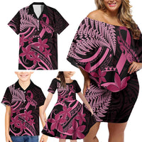 Aotearoa Maori Family Matching Off Shoulder Short Dress and Hawaiian Shirt Pink Fern Ribbons on Black LT7 - Polynesian Pride