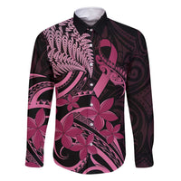 Aotearoa Maori Family Matching Off Shoulder Short Dress and Hawaiian Shirt Pink Fern Ribbons on Black LT7 Dad's Shirt - Long Sleeve Black - Polynesian Pride