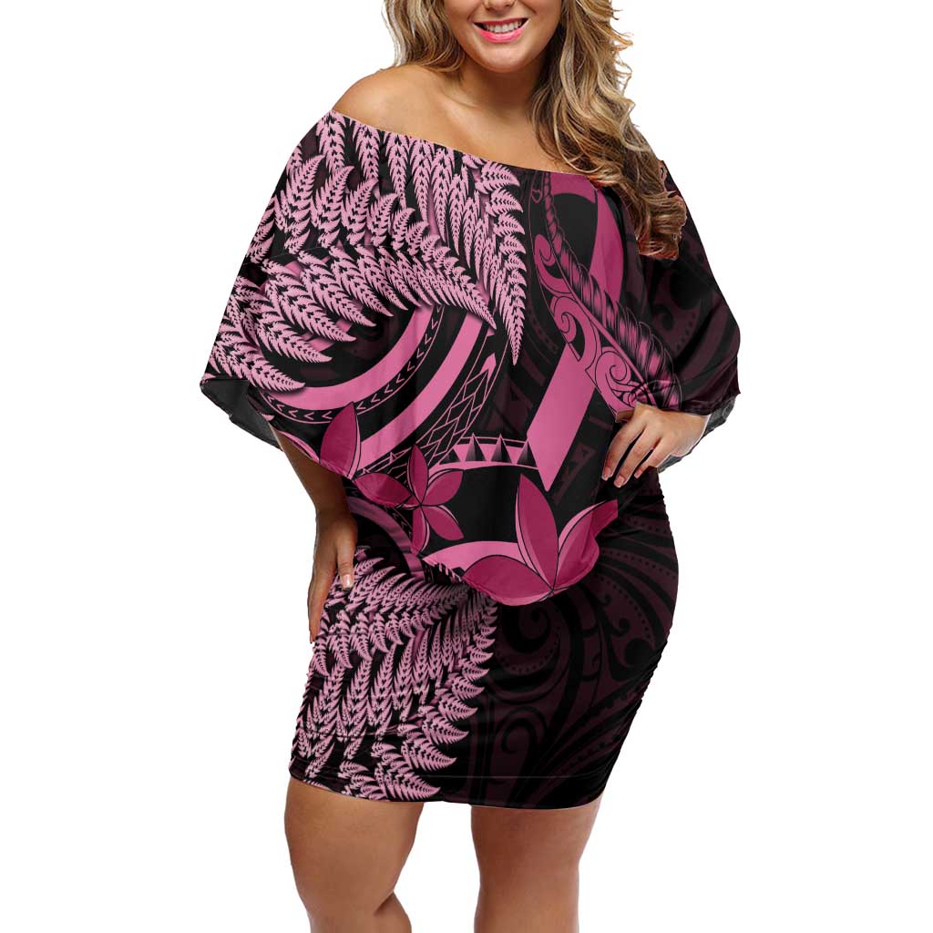 Aotearoa Maori Family Matching Off Shoulder Short Dress and Hawaiian Shirt Pink Fern Ribbons on Black LT7 Mom's Dress Black - Polynesian Pride