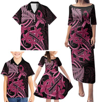 Aotearoa Maori Family Matching Puletasi and Hawaiian Shirt Pink Fern Ribbons on Black LT7 - Polynesian Pride