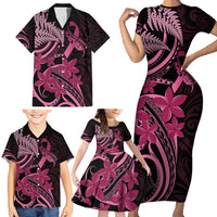 Aotearoa Maori Family Matching Short Sleeve Bodycon Dress and Hawaiian Shirt Pink Fern Ribbons on Black LT7 - Polynesian Pride
