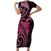 Aotearoa Maori Family Matching Short Sleeve Bodycon Dress and Hawaiian Shirt Pink Fern Ribbons on Black LT7 Mom's Dress Black - Polynesian Pride
