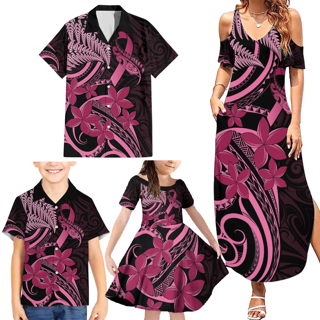 Aotearoa Maori Family Matching Summer Maxi Dress and Hawaiian Shirt Pink Fern Ribbons on Black LT7 - Polynesian Pride