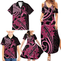Aotearoa Maori Family Matching Summer Maxi Dress and Hawaiian Shirt Pink Fern Ribbons on Black LT7 - Polynesian Pride