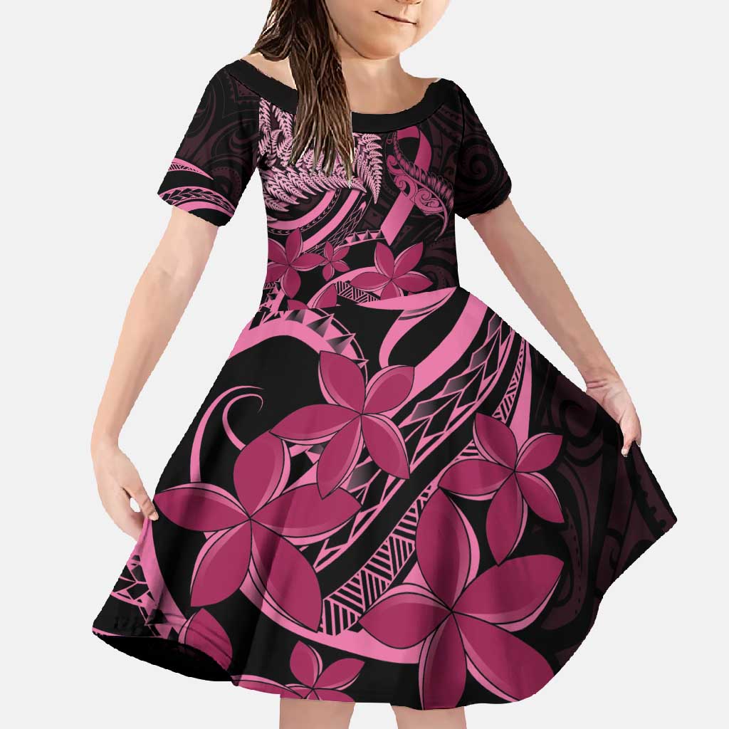 Aotearoa Maori Family Matching Tank Maxi Dress and Hawaiian Shirt Pink Fern Ribbons on Black LT7 Daughter's Dress Black - Polynesian Pride