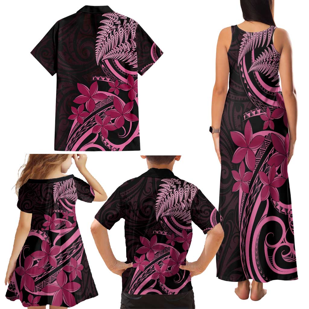 Aotearoa Maori Family Matching Tank Maxi Dress and Hawaiian Shirt Pink Fern Ribbons on Black LT7 - Polynesian Pride