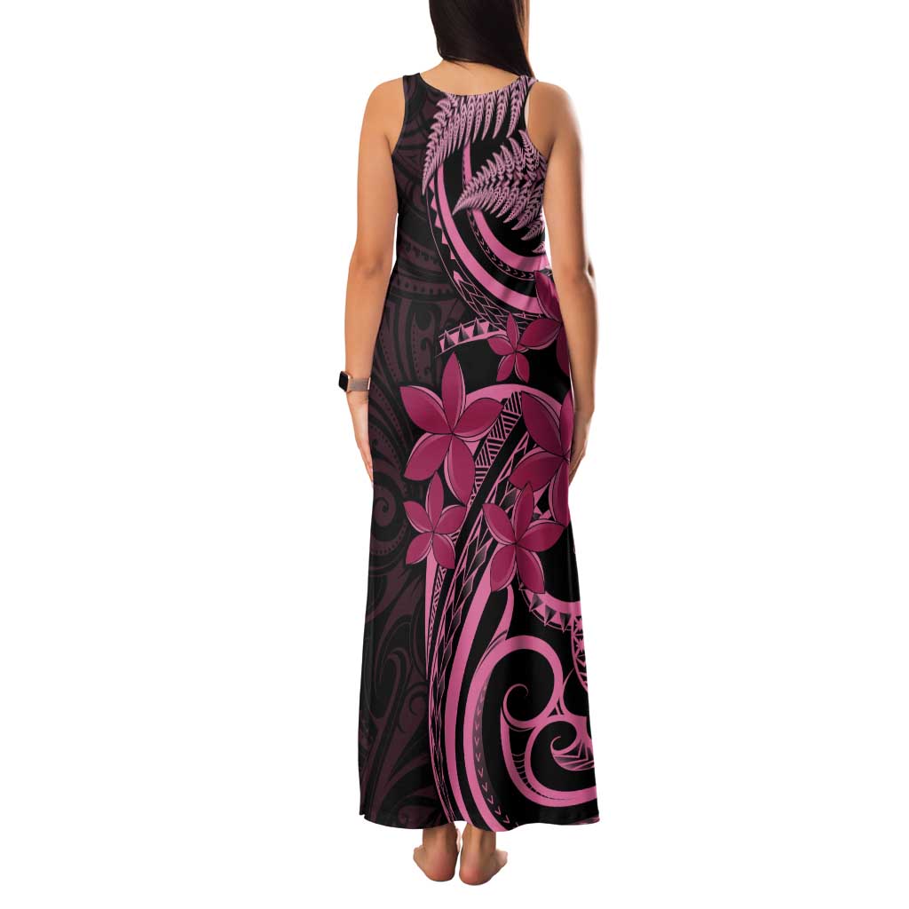 Aotearoa Maori Family Matching Tank Maxi Dress and Hawaiian Shirt Pink Fern Ribbons on Black LT7 - Polynesian Pride