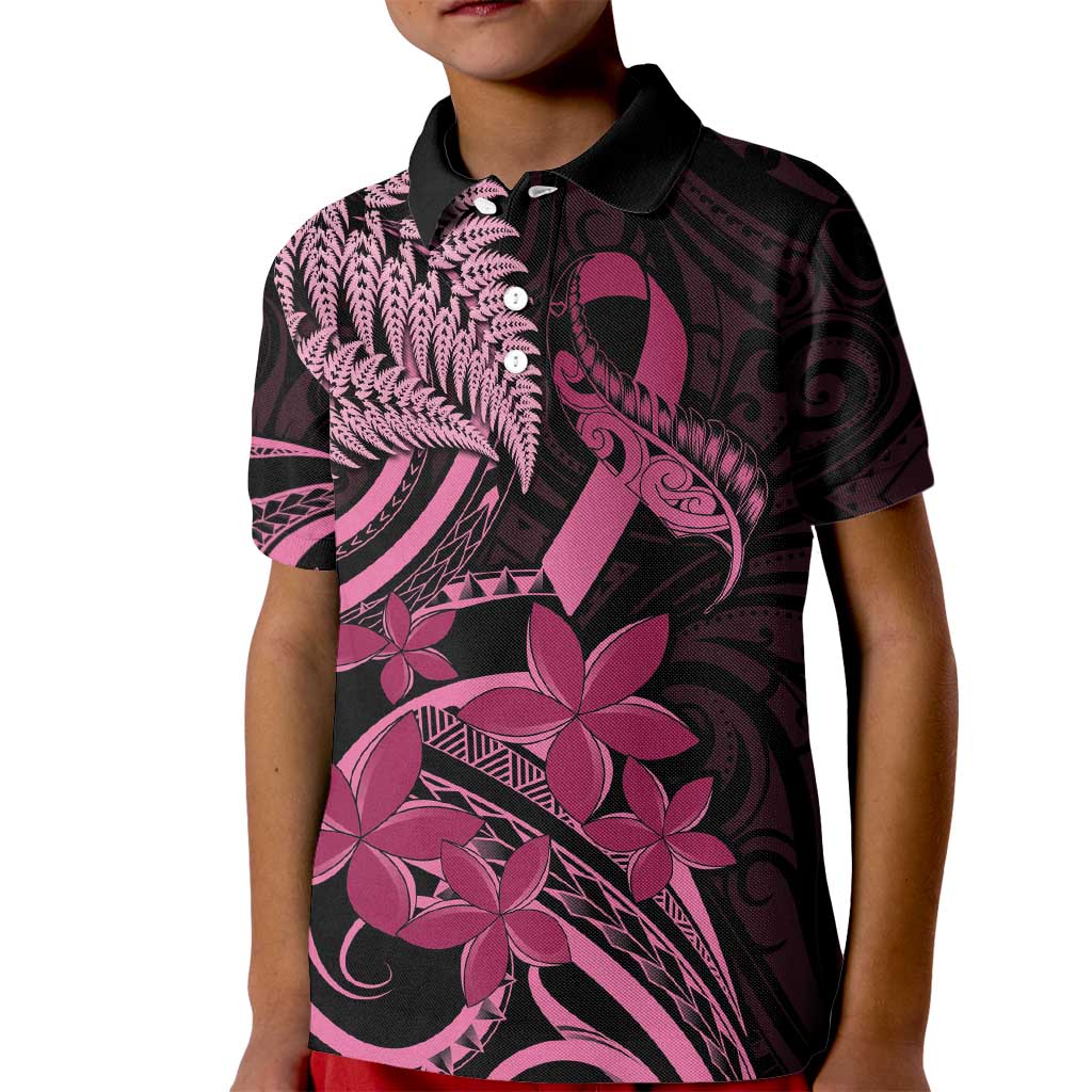 Aotearoa Maori Kid Polo Shirt Pink Fern Ribbons on Black LT7 Kid Black - Polynesian Pride
