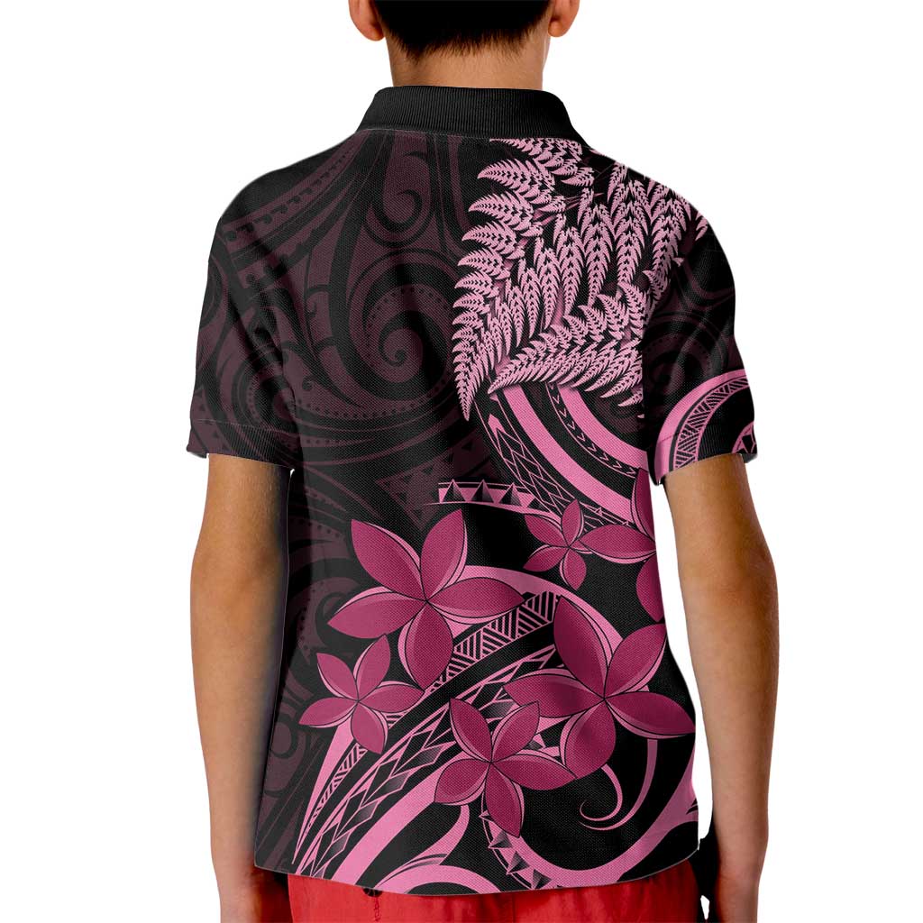Aotearoa Maori Kid Polo Shirt Pink Fern Ribbons on Black LT7 - Polynesian Pride