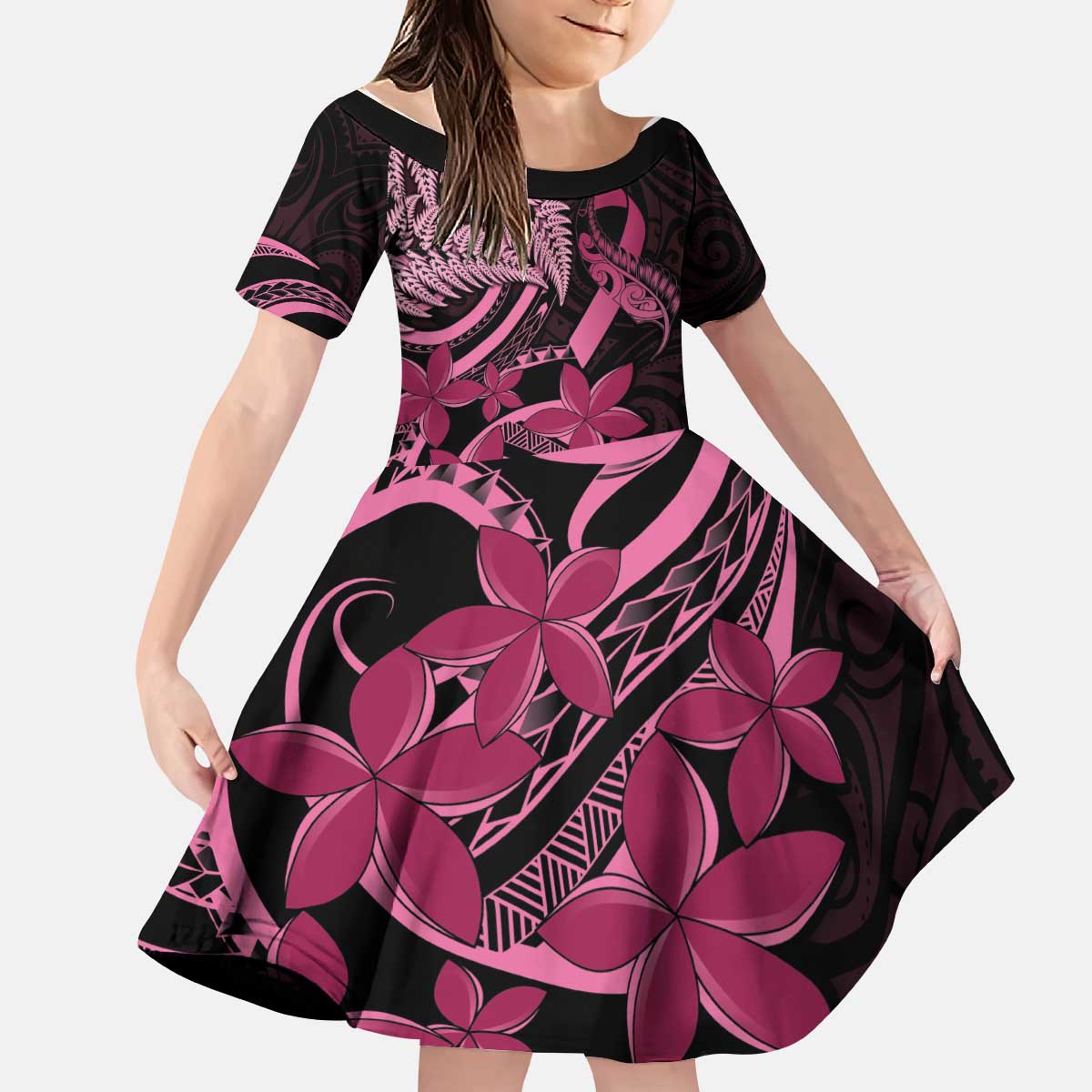 Aotearoa Maori Kid Short Sleeve Dress Pink Fern Ribbons on Black - Polynesian Pride