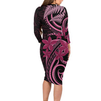 Aotearoa Maori Long Sleeve Bodycon Dress Pink Fern Ribbons on Black - Polynesian Pride