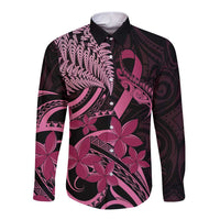 Aotearoa Maori Long Sleeve Button Shirt Pink Fern Ribbons on Black LT7 Unisex Black - Polynesian Pride