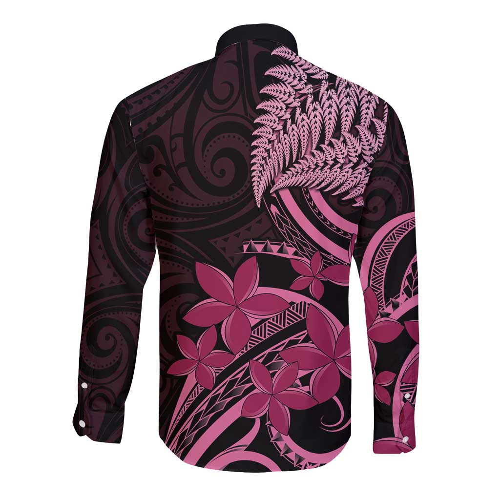 Aotearoa Maori Long Sleeve Button Shirt Pink Fern Ribbons on Black LT7 - Polynesian Pride