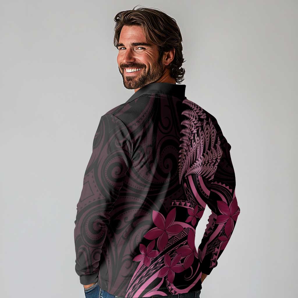 Aotearoa Maori Long Sleeve Polo Shirt Pink Fern Ribbons on Black - Polynesian Pride
