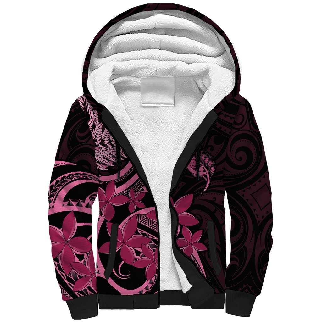 Aotearoa Maori Sherpa Hoodie Pink Fern Ribbons on Black - Polynesian Pride