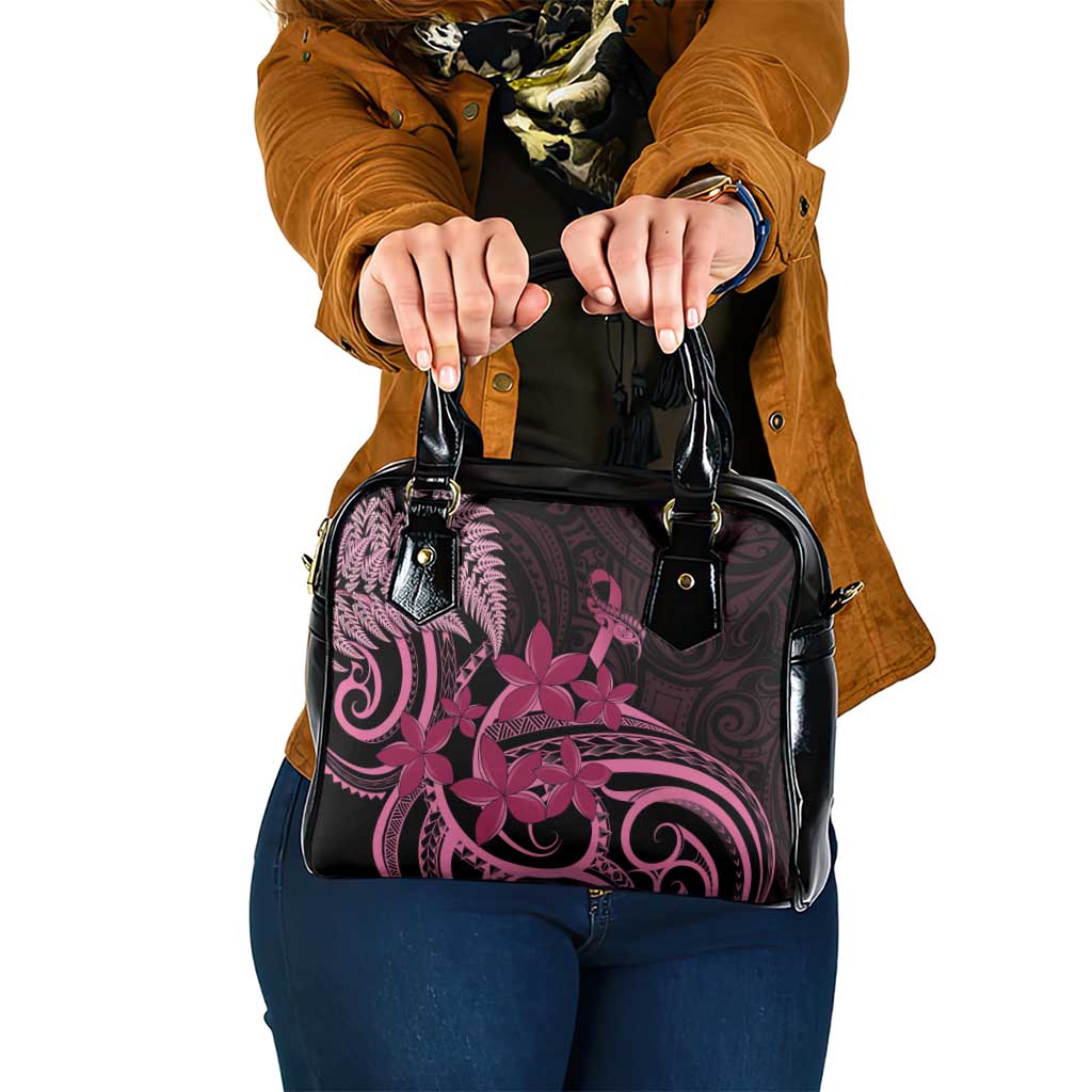 Aotearoa Maori Shoulder Handbag Pink Fern Ribbons on Black - Polynesian Pride