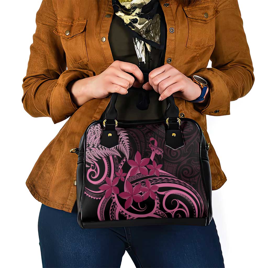 Aotearoa Maori Shoulder Handbag Pink Fern Ribbons on Black - Polynesian Pride