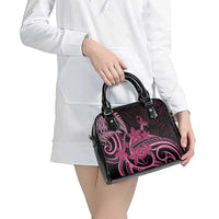 Aotearoa Maori Shoulder Handbag Pink Fern Ribbons on Black - Polynesian Pride