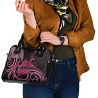 Aotearoa Maori Shoulder Handbag Pink Fern Ribbons on Black - Polynesian Pride