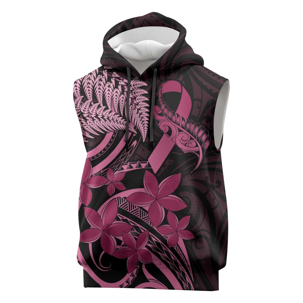 Aotearoa Maori Sleeveless Hoodie Pink Fern Ribbons on Black - Polynesian Pride