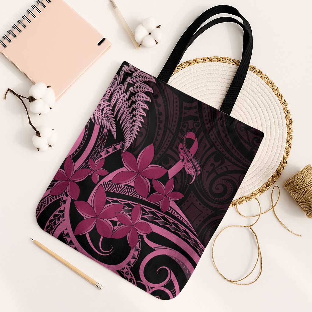 Aotearoa Maori Tote Bag Pink Fern Ribbons on Black - Polynesian Pride